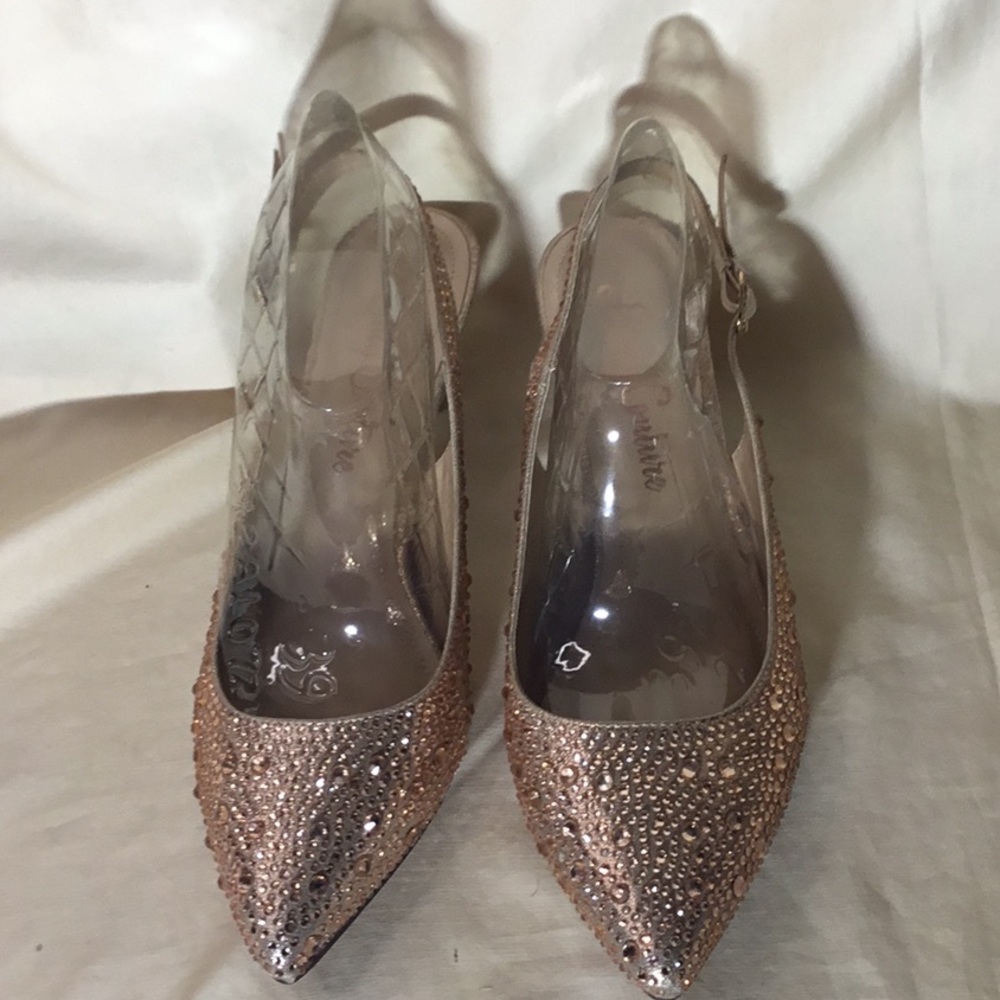 Crystal Embellished Pointed Toe Slingback Heels in Rose Gold